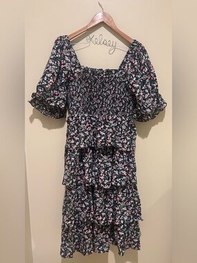 English Factory Black Floral Smocked Dress with Pink and White Blooms Size M